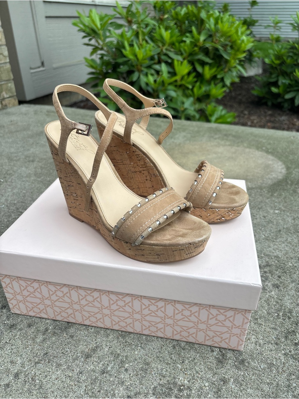 Jewel Badgley Mischka Beige Cork Wedge Sandals with Silver Accents